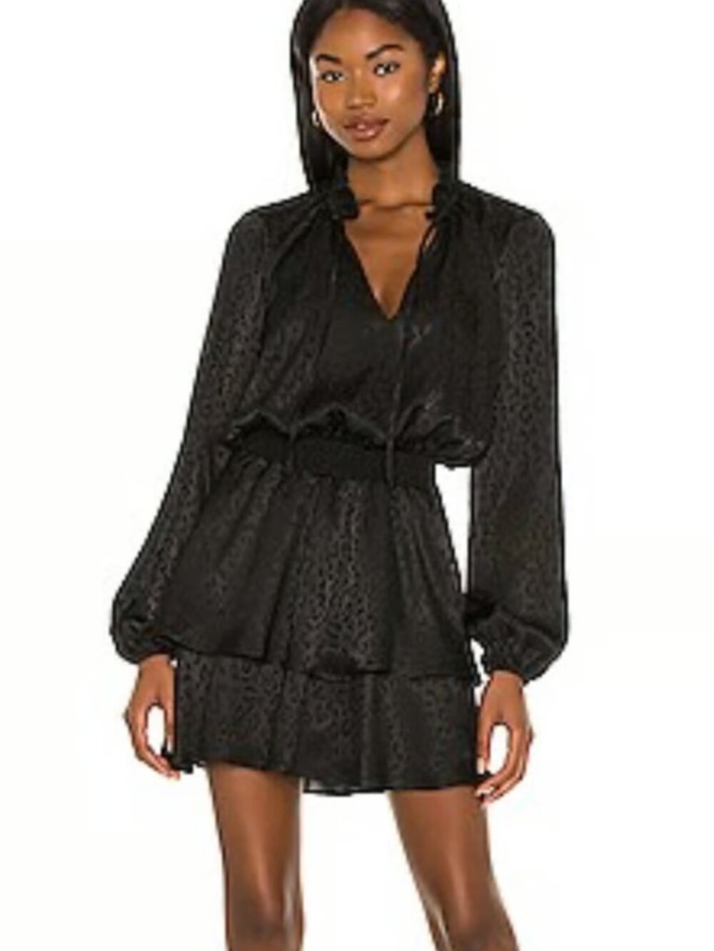 Show Me Your Mumu Tatum Black Silky Cheetah Animal Print Tiered Mini Dress M